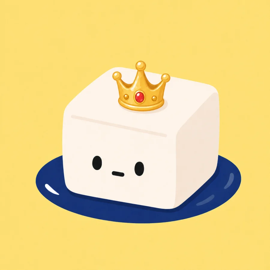 A cute tofu character on a navy plate with grated daikon and scallions.