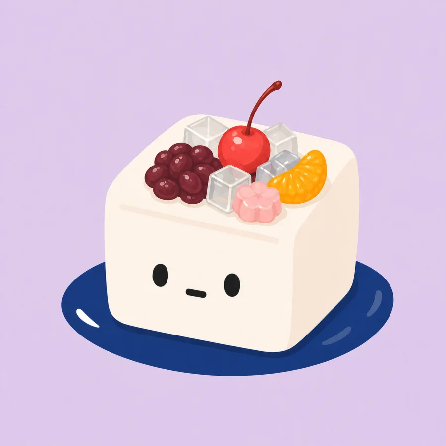 A cute tofu character on a navy plate with sesame and mala spice.
