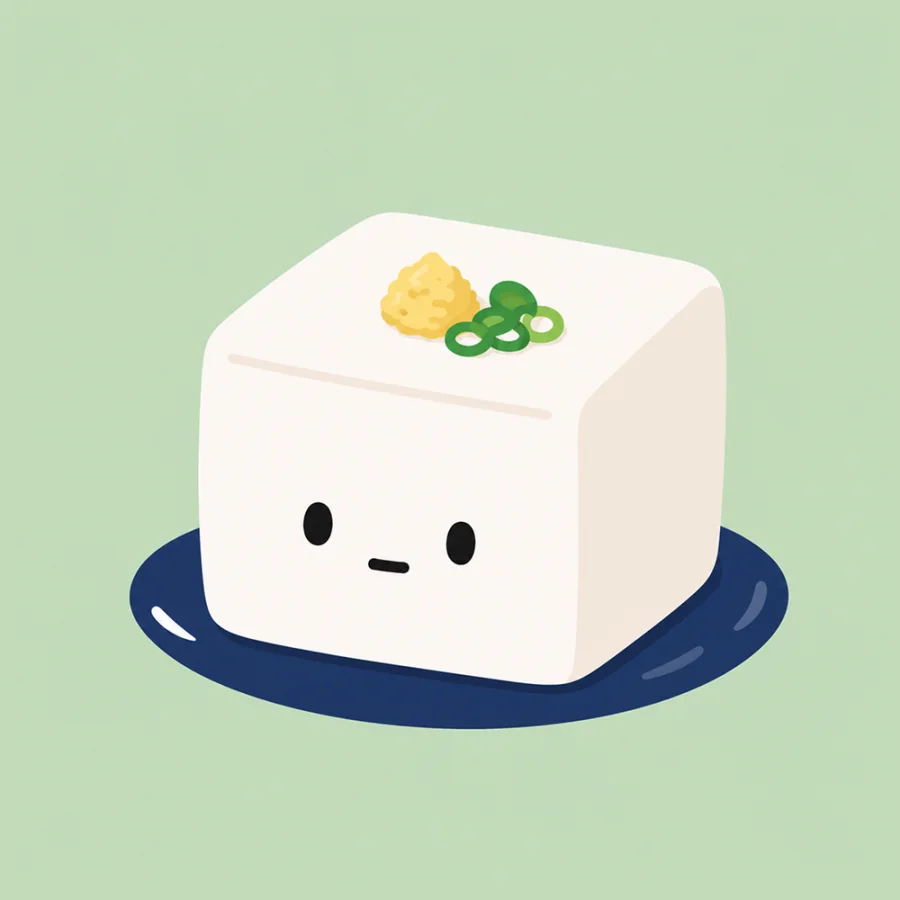 A cute tofu character on a navy plate with ginger and scallions.