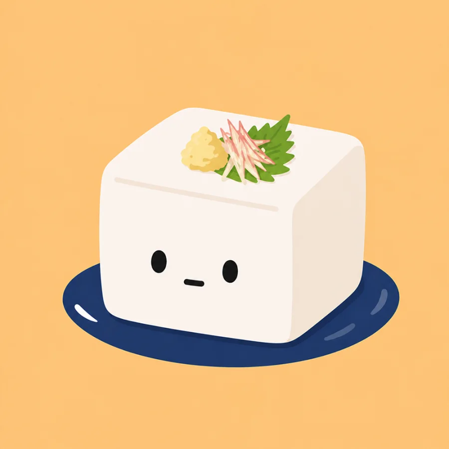 A cute tofu character on a navy plate with nori and ginger.