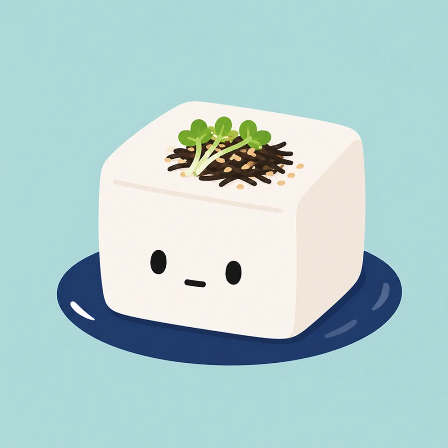 A cute tofu character on a navy plate with sesame and scallions.